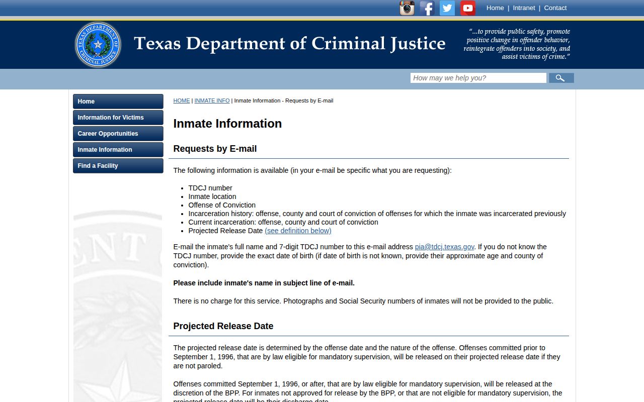 TDCJ email record fallback for Hemphill County release information