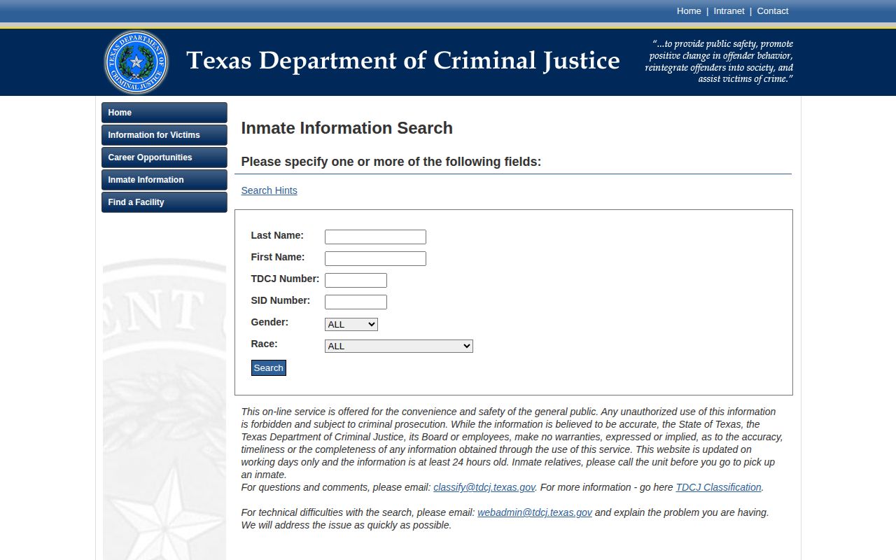 TDCJ search fields for a Hemphill County state release record