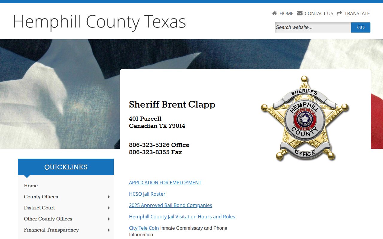 Hemphill County Jail release record and sheriff contact links