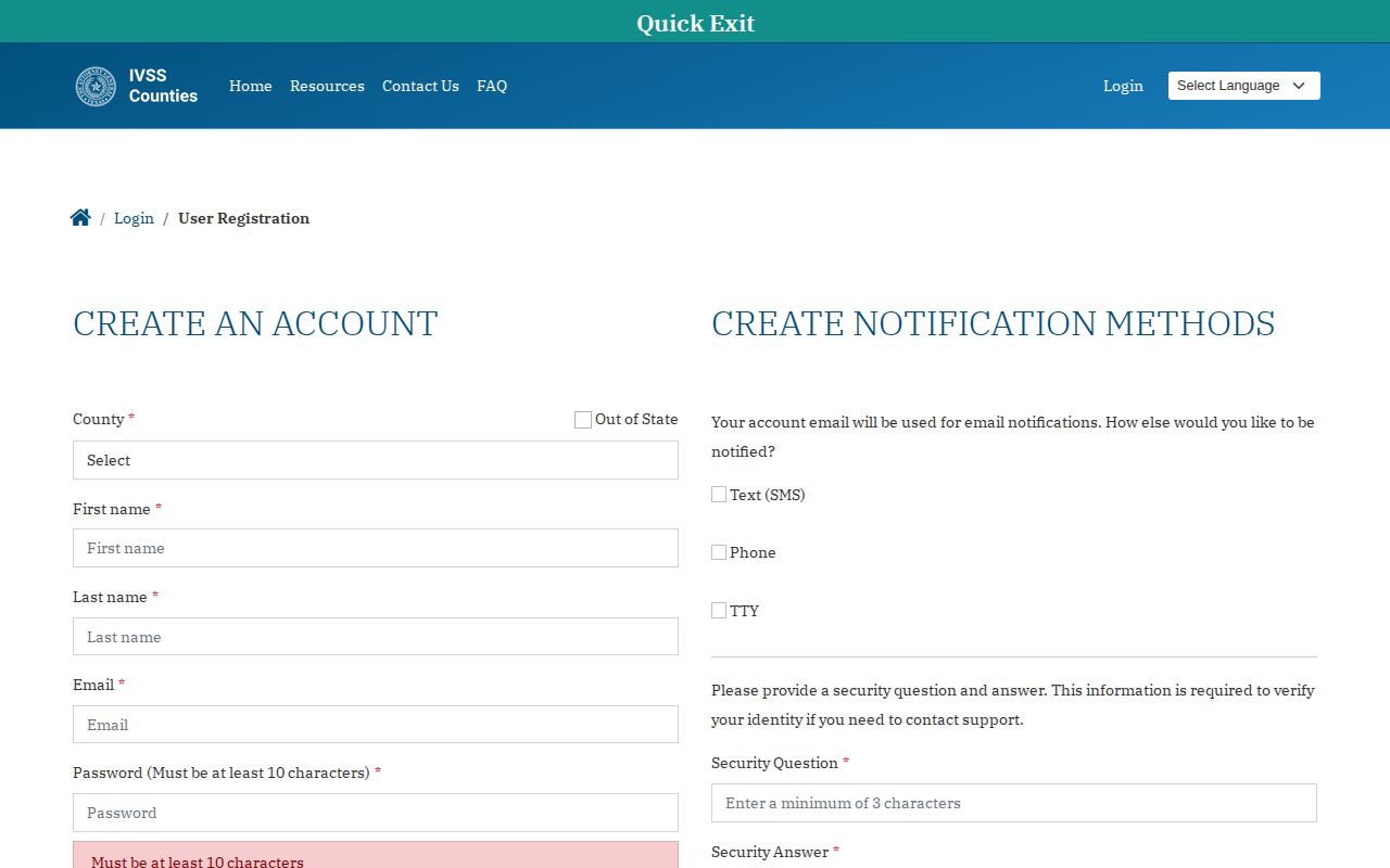 Texas IVSS-Counties confidential registration and contact method screen
