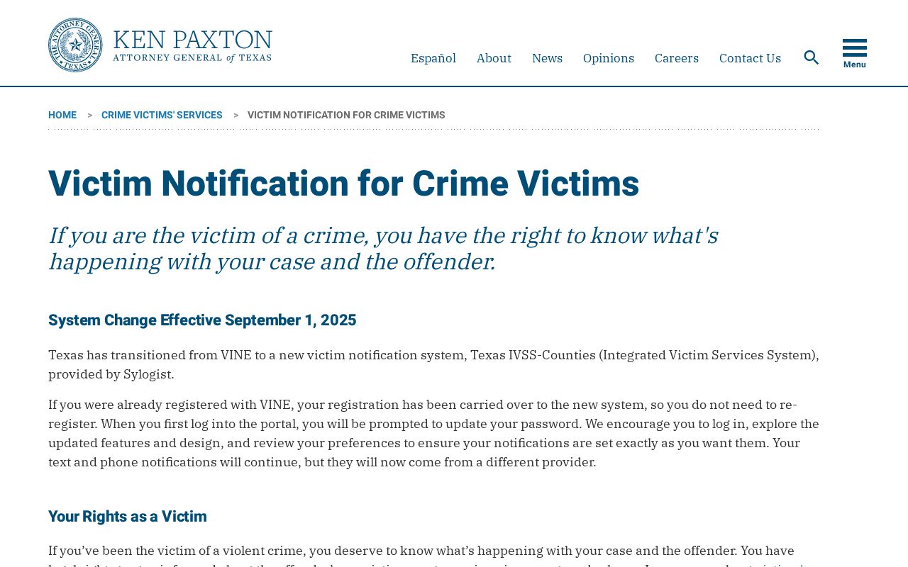 Texas Attorney General notice announcing the VINE to IVSS transition